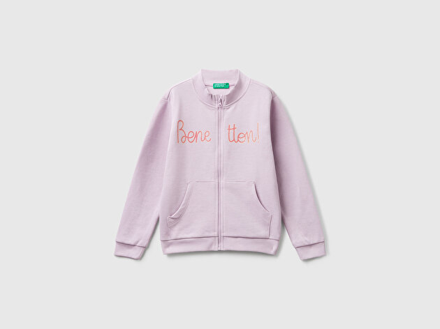 Benetton Kız Bebek Lila Simli Logo Baskılı Fermuarlı Ribanalı Regular Fit Sweatshirt