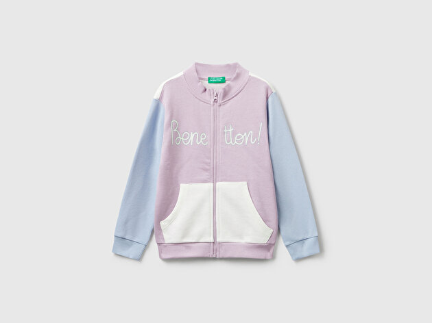 Benetton Kız Bebek Lila-Ekru Simli Logo Baskılı Fermuarlı Ribanalı Regular Fit Sweatshirt