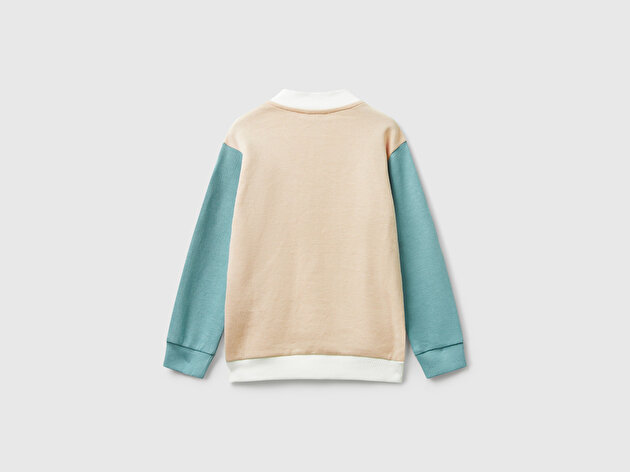 Benetton Kız Bebek Pembe-Beyaz Simli Logo Baskılı Fermuarlı Ribanalı Regular Fit Sweatshirt