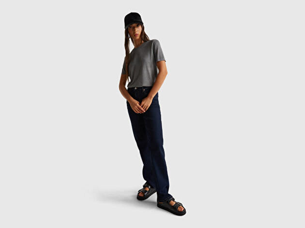 Benetton Kadın Antrasit Melanj İpek Karışımlı Yuvarlak Yaka Önü Detaylı Kısa Kollu Kazak