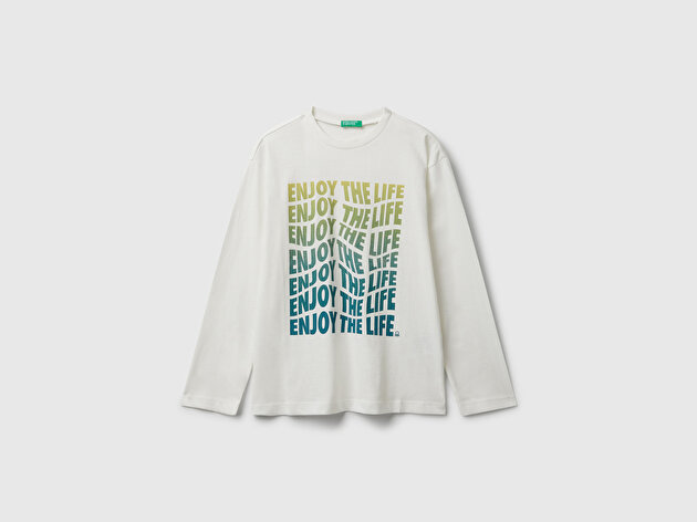 Benetton Erkek Çocuk Ekru Önü Baskılı Bisiklet Yaka Uzun Kollu Jarse T-shirt