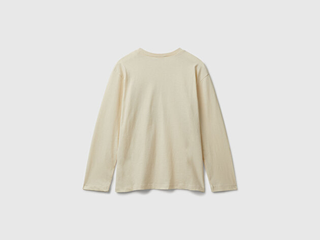 Benetton Erkek Çocuk Krem Önü Baskılı Bisiklet Yaka Uzun Kollu Jarse T-shirt