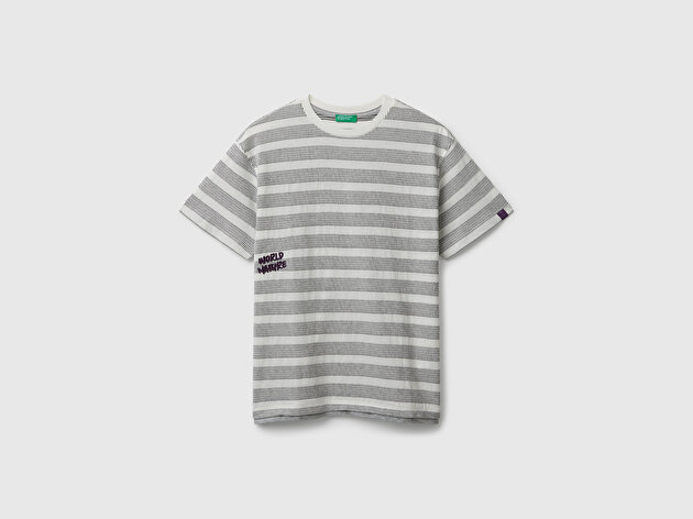 Benetton Erkek Çocuk Gri Çizgili Önü Yazı Detaylı Kolu Logo Etiketli Oversize T-shirt