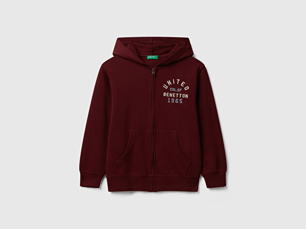 Benetton Erkek Çocuk Bordo Önü Logo Detaylı Fermuarlı Kapüşonlu Sweatshirt