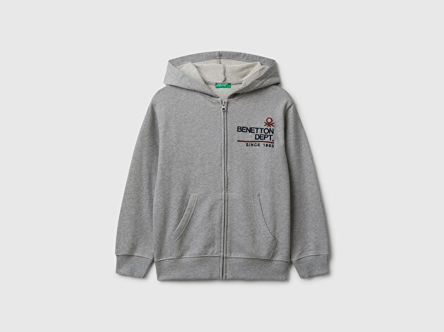 Benetton Erkek Çocuk Gri Melanj Önü Logo Detaylı Fermuarlı Kapüşonlu Sweatshirt
