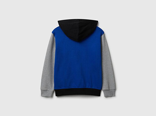Benetton Erkek Çocuk Mavi-Gri Önü Logo Detaylı Fermuarlı Kapüşonlu Sweatshirt