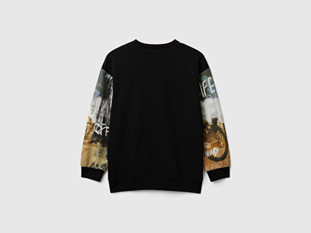 Benetton Erkek Çocuk Çok Renkli Önü ve Kolları Baskılı Bisiklet Yaka Oversize Sweatshirt