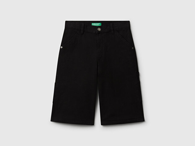 Benetton Erkek Çocuk Siyah Logo ve Cep Detaylı Düğmeli Streç Denim Bermuda Şort