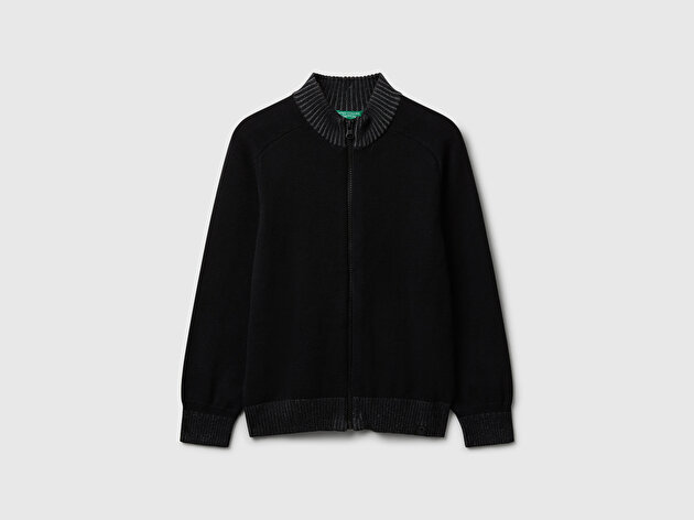 Benetton Erkek Çocuk Siyah Fermuarlı Ribana Detaylı Hırka