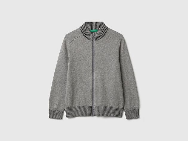 Benetton Erkek Çocuk Gri Melanj Fermuarlı Ribana Detaylı Hırka