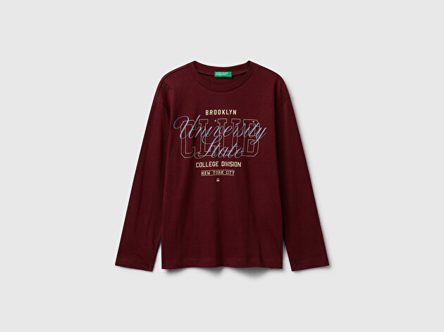 Benetton Erkek Çocuk Bordo Önü Baskılı Bisiklet Yaka Uzun Kollu Jarse T-shirt
