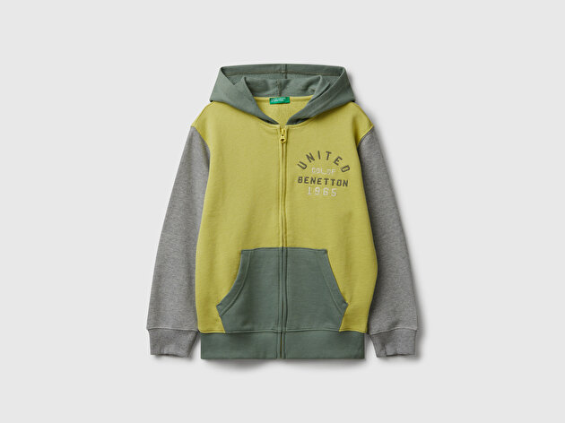 Benetton Erkek Çocuk Sarı-Gri Önü Logo Detaylı Fermuarlı Kapüşonlu Sweatshirt