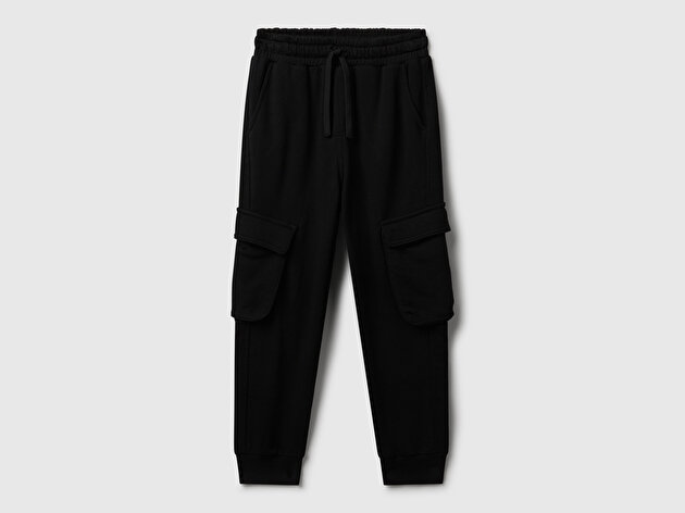 Benetton Erkek Çocuk Siyah Büzgü İpli Yan Cepli Ribana Detaylı  Kargo Eşofman Altı