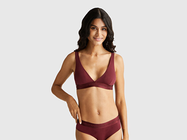 Benetton Kadın Bordo Pamuk Karışımlı Logo Bantlı V Yaka Sütyen