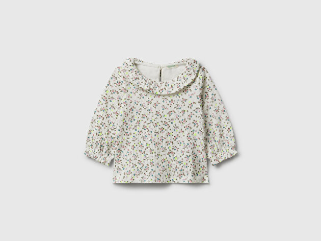 Benetton Bebek Gri Tamamı Desenli Yuvarlak Yaka Volanlı Sweatshirt