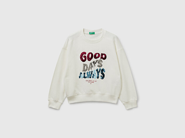 Benetton Kız Çocuk Ekru Önü Payetli Baskılı Ribanalı Relaxed Fit Sweatshirt