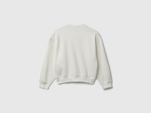 Benetton Kız Çocuk Ekru Önü Payetli Baskılı Ribanalı Relaxed Fit Sweatshirt