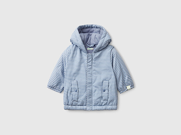 Benetton Bebek Mavi Tamamı Desenli Cepli Fermuarlı Kapüşonlu Ceket
