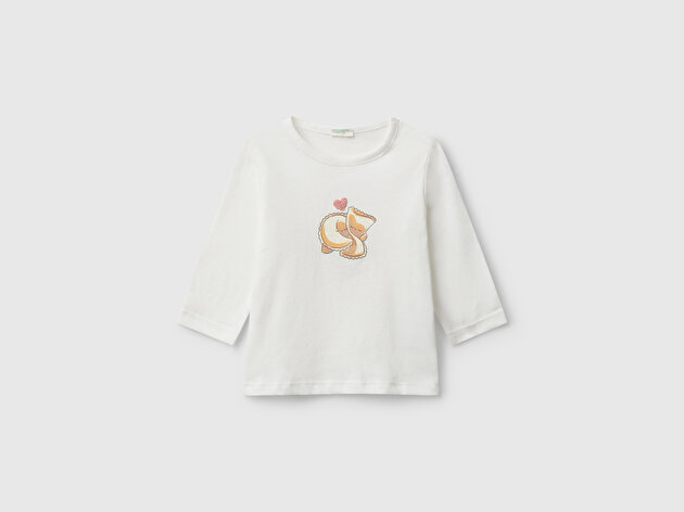 Benetton Bebek Beyaz Önü ve Arkası Yama Baskılı Uzun Kollu T-shirt