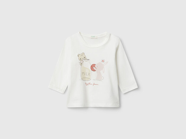 Benetton Bebek Ekru Önü Baskılı Gizli Düğmeli Uzun Kollu T-shirt