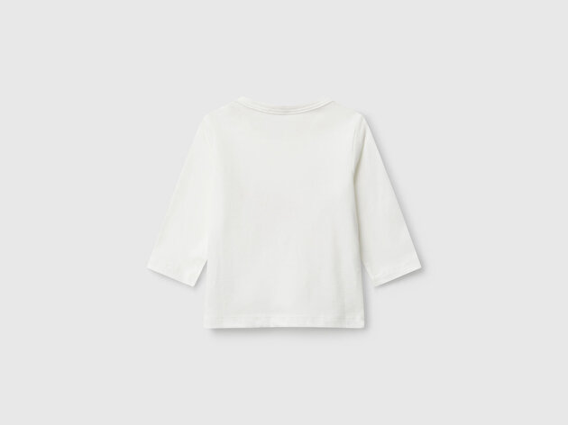 Benetton Bebek Ekru Önü Baskılı Gizli Düğmeli Uzun Kollu T-shirt