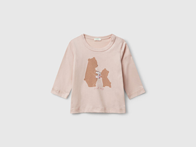 Benetton Bebek Toz Pembe Önü Baskılı Gizli Düğmeli Uzun Kollu T-shirt