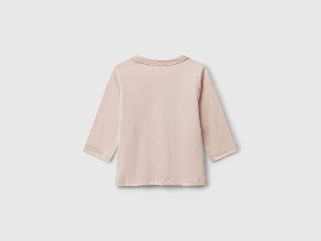 Benetton Bebek Toz Pembe Önü Baskılı Gizli Düğmeli Uzun Kollu T-shirt