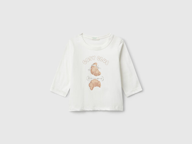 Benetton Bebek Beyaz Önü Baskılı Gizli Düğmeli Uzun Kollu T-shirt