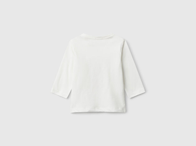 Benetton Bebek Beyaz Önü Baskılı Gizli Düğmeli Uzun Kollu T-shirt