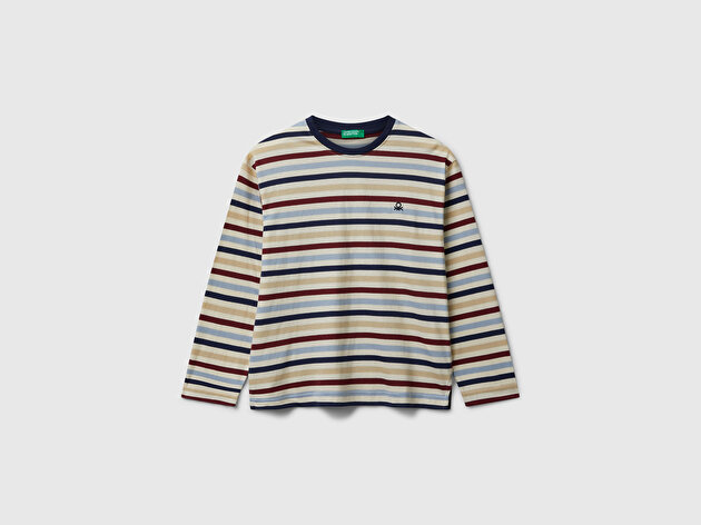 Benetton Erkek Çocuk Çok Remkli Çizgili Logo Detaylı Nervürlü Uzun Kollu T-shirt