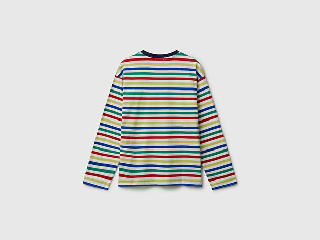 Benetton Erkek Çocuk Beyaz Mix Çizgili Logo Detaylı Nervürlü Uzun Kollu T-shirt