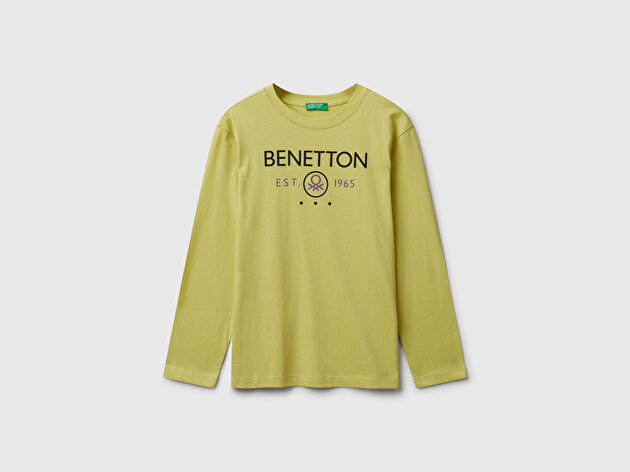Benetton Erkek Çocuk Hardal Önü Logo Baskılı Bisiklet Yaka Jarse Uzun Kollu T-shirt