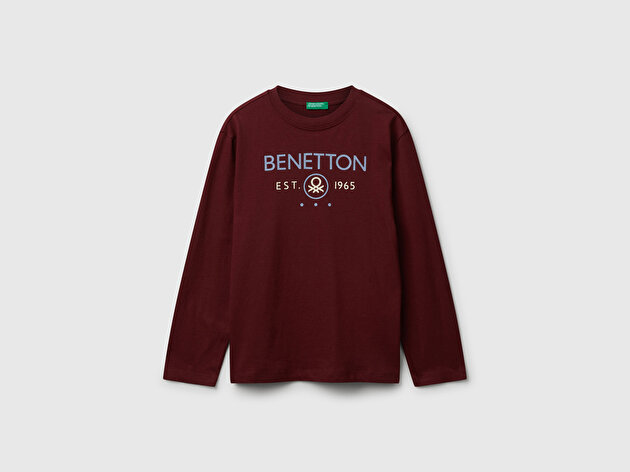 Benetton Erkek Çocuk Bordo Önü Logo Baskılı Bisiklet Yaka Jarse Uzun Kollu T-shirt