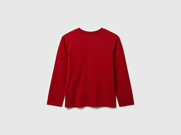 Benetton Erkek Çocuk Kırmızı Önü Logo Baskılı Bisiklet Yaka Jarse Uzun Kollu T-shirt