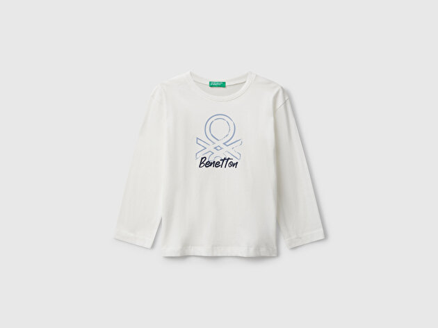 Benetton Erkek Bebek Ekru Organik Pamuklu Önü Logo Baskılı Uzun Kollu Jarse T-shirt
