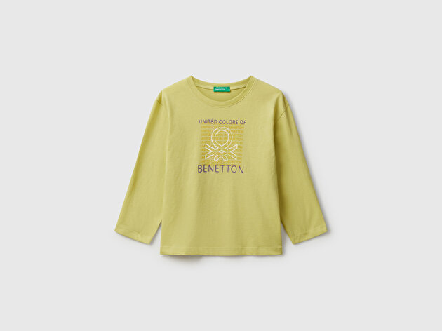 Benetton Erkek Bebek Hardal Organik Pamuklu Önü Logo Baskılı Uzun Kollu Jarse T-shirt