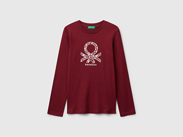 Benetton Kız Çocuk Bordo Parıltılı Logo Baskılı Regular Fit Uzun Kollu T-shirt