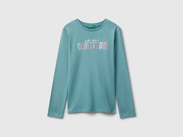 Benetton Kız Çocuk Gri-Yeşil Parıltılı Logo Baskılı Regular Fit Uzun Kollu T-shirt