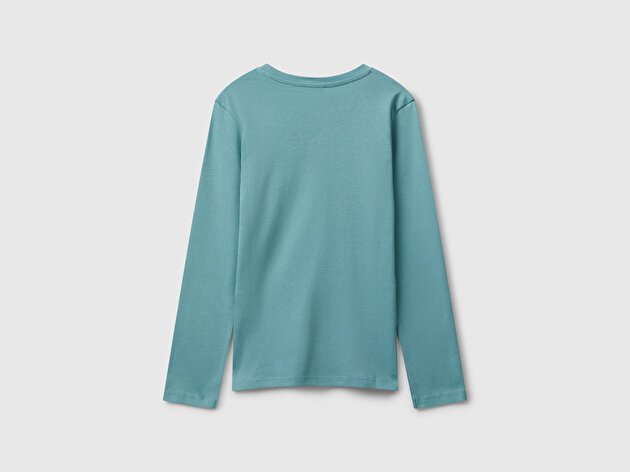 Benetton Kız Çocuk Gri-Yeşil Parıltılı Logo Baskılı Regular Fit Uzun Kollu T-shirt