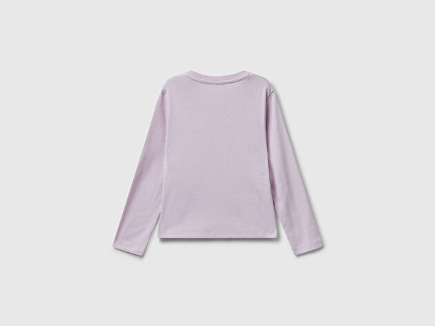 Benetton Kız Bebek Lila Önü Parıltılı Logo Baskılı Slim Fit Uzun Kollu T-shirt