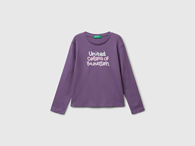 Benetton Kız Bebek Mor Önü Parıltılı Logo Baskılı Slim Fit Uzun Kollu T-shirt
