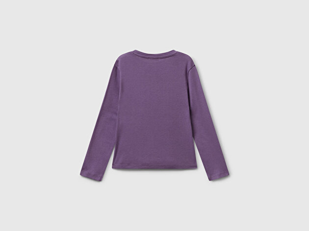 Benetton Kız Bebek Mor Önü Parıltılı Logo Baskılı Slim Fit Uzun Kollu T-shirt