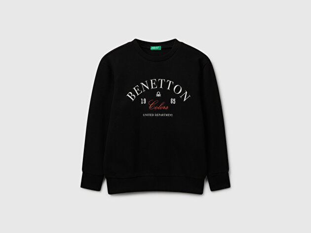 Benetton Erkek Çocuk Siyah Önü Logo Baskılı Bisiklet Yaka Regular Fit Sweatshirt