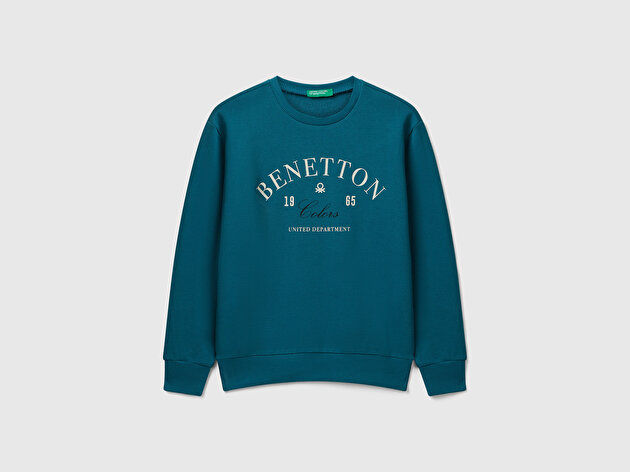 Benetton Erkek Çocuk Petrol Mavisi Önü Logo Baskılı Bisiklet Yaka Regular Fit Sweatshirt