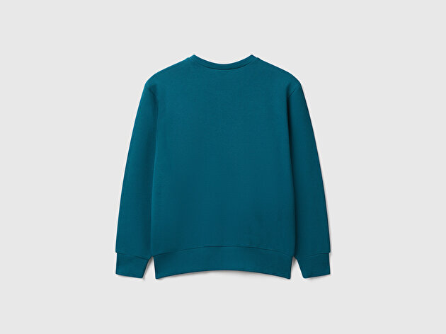 Benetton Erkek Çocuk Petrol Mavisi Önü Logo Baskılı Bisiklet Yaka Regular Fit Sweatshirt