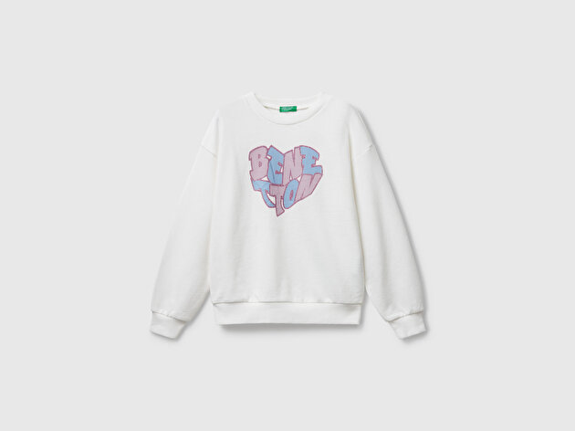 Benetton Kız Çocuk Ekru Parıltılı Logo Baskılı Ribanalı Bisiklet Yaka Sweatshirt