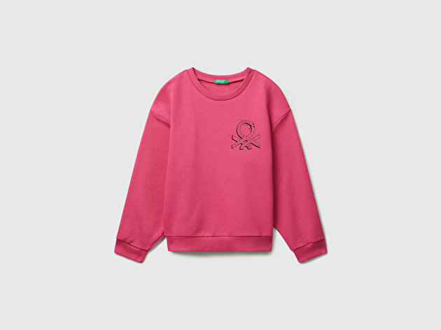Benetton Kız Çocuk Pembe Parıltılı Logo Baskılı Ribanalı Bisiklet Yaka Sweatshirt