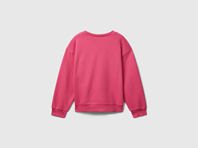 Benetton Kız Çocuk Pembe Parıltılı Logo Baskılı Ribanalı Bisiklet Yaka Sweatshirt