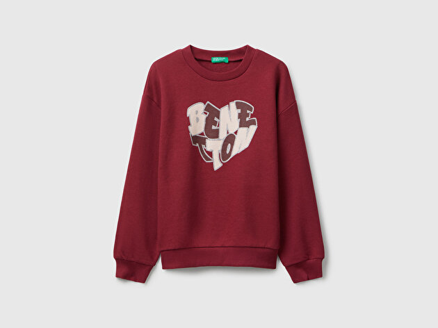 Benetton Kız Çocuk Bordo Parıltılı Logo Baskılı Ribanalı Bisiklet Yaka Sweatshirt