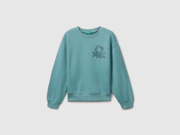 Benetton Kız Çocuk Gri-Yeşil Parıltılı Logo Baskılı Ribanalı Bisiklet Yaka Sweatshirt